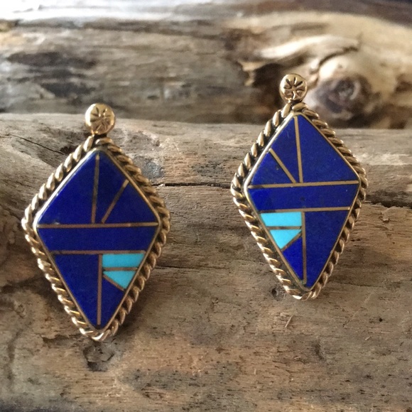 Vintage 14K Gold Lapis Turquoise Native American Earrings - Picture 5 of 16